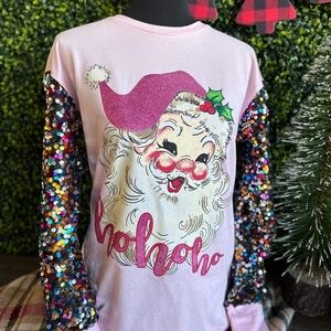 NEW - Boutique Pink Santa HoHoHo Sparkle Christmas Sequin Long Sleeve Tee